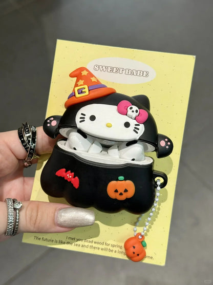 Schwarzes Kitty Halloween Silikon-AirPods-Kopfhöreretui