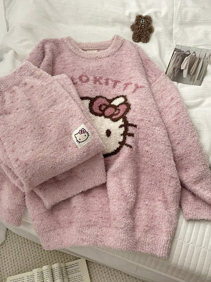 Rosa, weiches, flauschiges Kätzchen-Pyjama-Set SK559