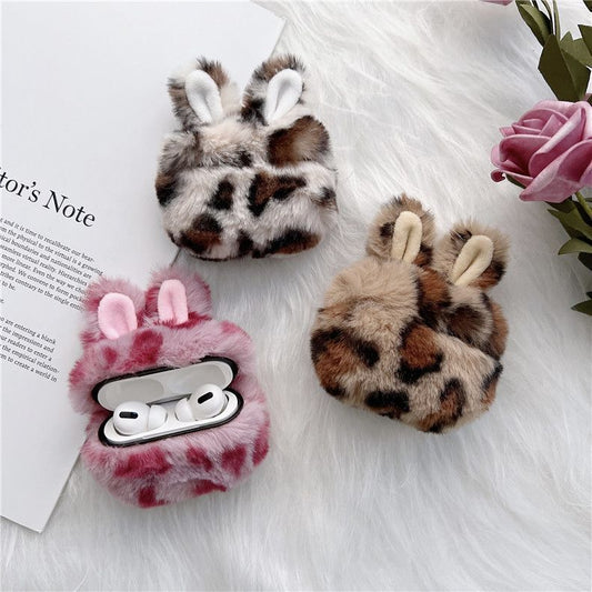 Chenille Leopard Print Rabbit Ear Airpods Earphone Case Cover