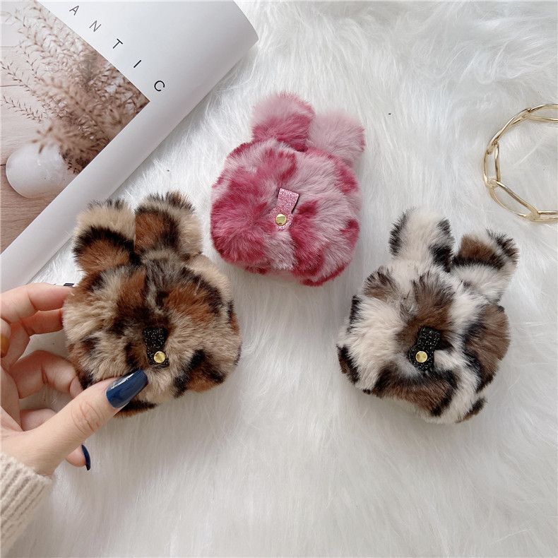 Chenille Leopard Print Rabbit Ear Airpods Earphone Case Cover