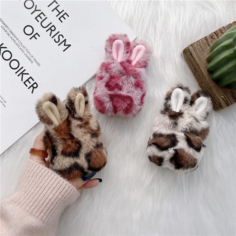 Chenille Leopard Print Rabbit Ear Airpods Earphone Case Cover