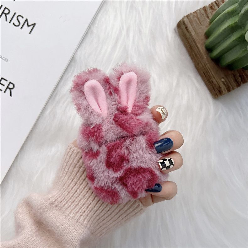 Chenille Leopard Print Rabbit Ear Airpods Earphone Case Cover