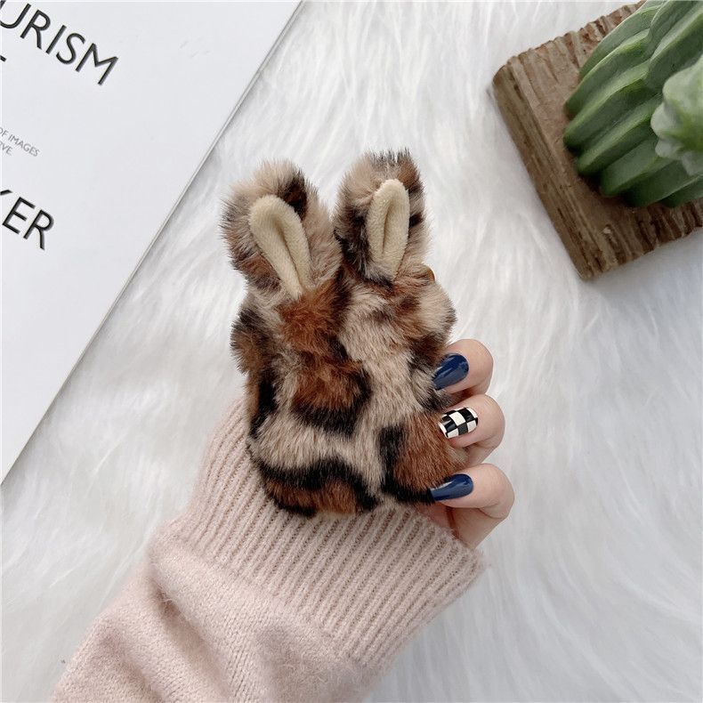 Chenille Leopard Print Rabbit Ear Airpods Earphone Case Cover