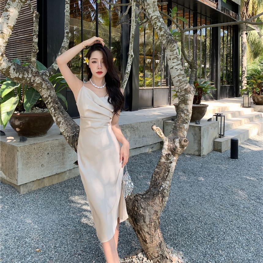 Thin Strap Slit Midi Bodycon Dress