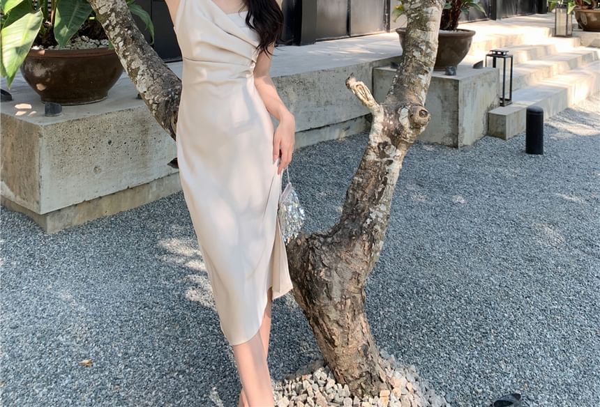 Thin Strap Slit Midi Bodycon Dress