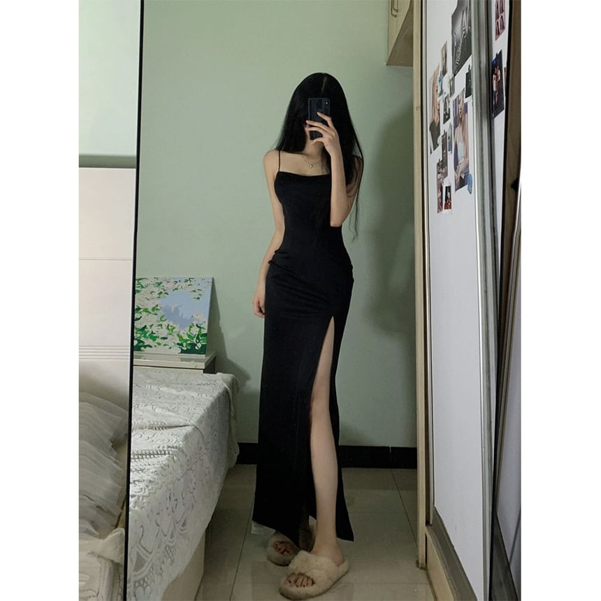 Thin Strap Solid Side-Slit Long Fitted Dress