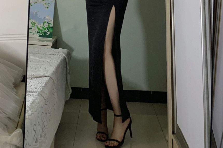 Thin Strap Solid Side-Slit Long Fitted Dress