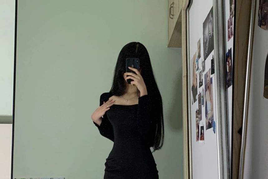 Thin Strap Solid Side-Slit Long Fitted Dress