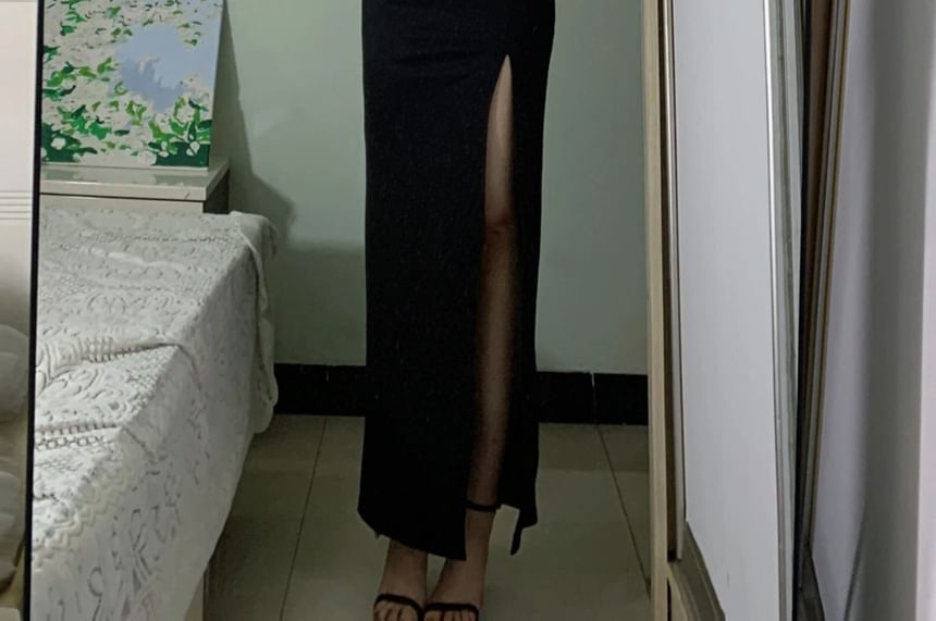 Thin Strap Solid Side-Slit Long Fitted Dress