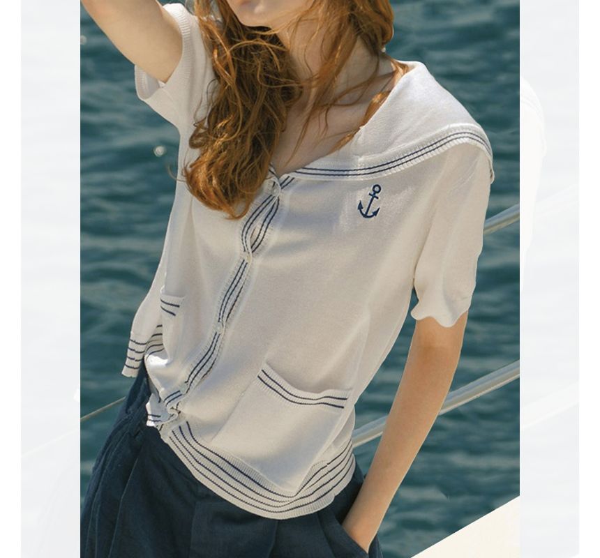 Striped Sailor Collar Short-Sleeve Knit Top