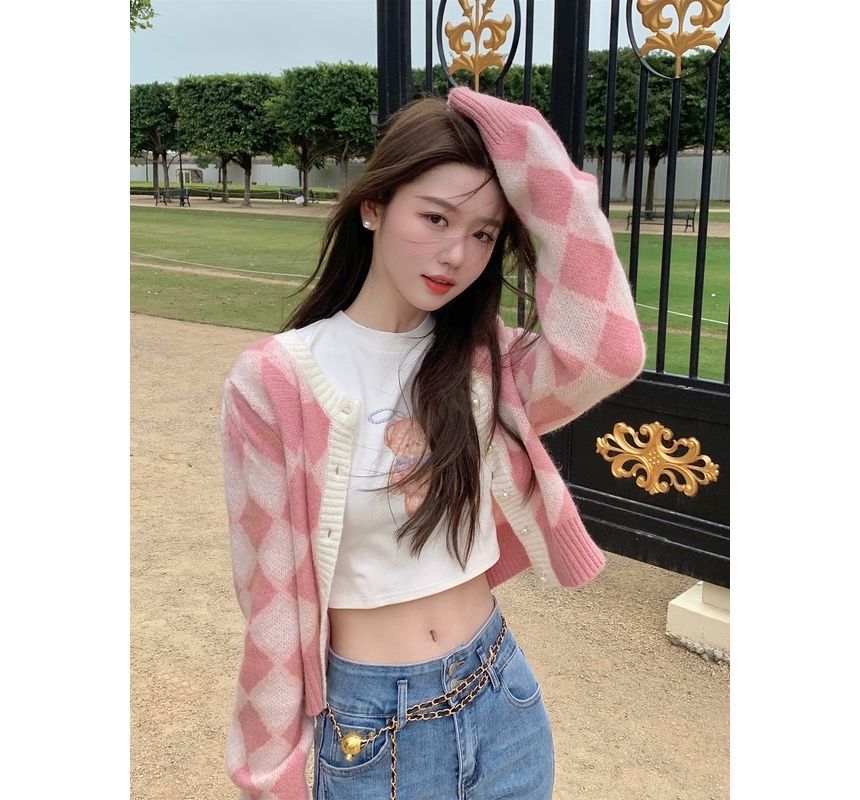 Argyle Cropped Crewneck Sweater