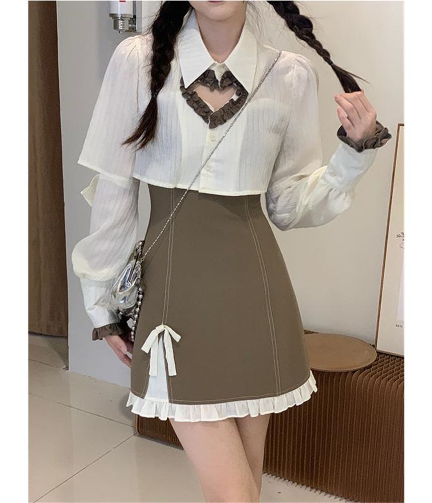 Set: Long-Sleeve Cutout Crop Top + Thin Strap Mini A-Line Dress