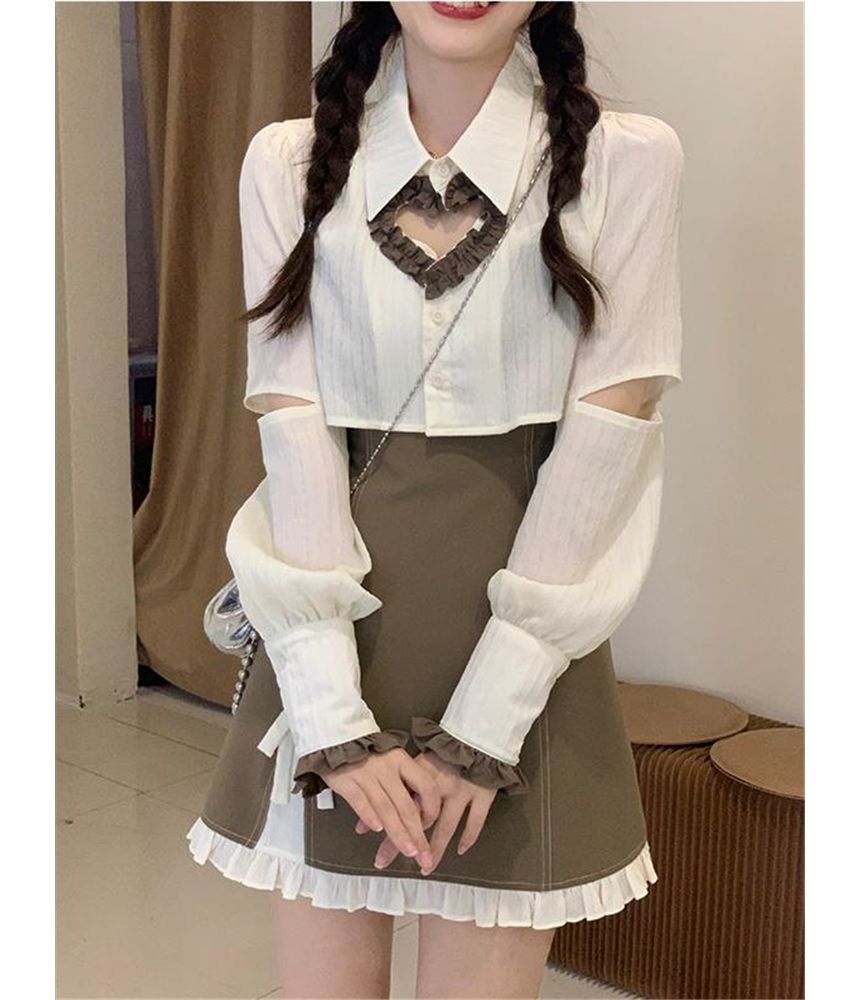 Set: Long-Sleeve Cutout Crop Top + Thin Strap Mini A-Line Dress