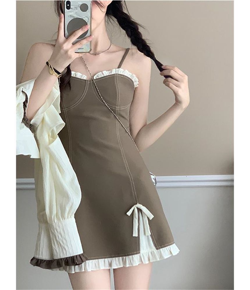 Set: Long-Sleeve Cutout Crop Top + Thin Strap Mini A-Line Dress