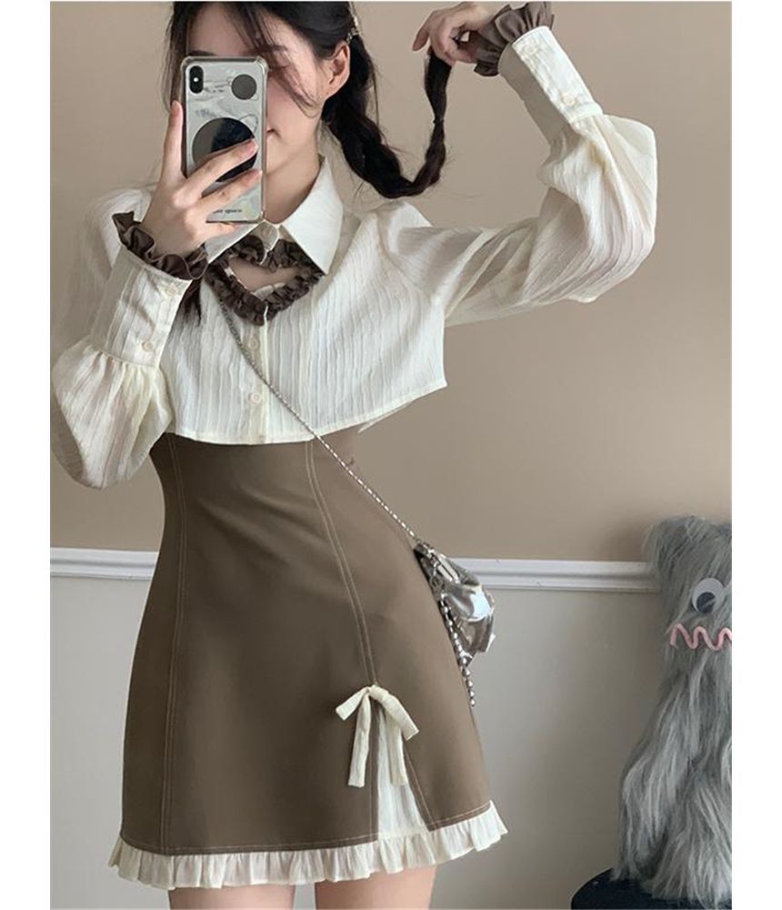 Set: Long-Sleeve Cutout Crop Top + Thin Strap Mini A-Line Dress