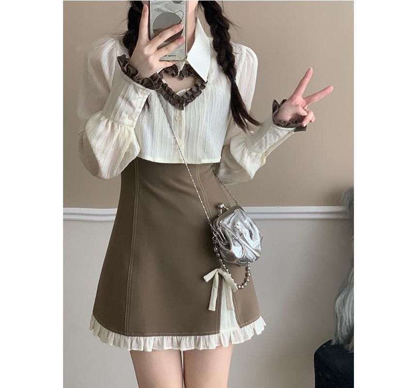 Set: Long-Sleeve Cutout Crop Top + Thin Strap Mini A-Line Dress