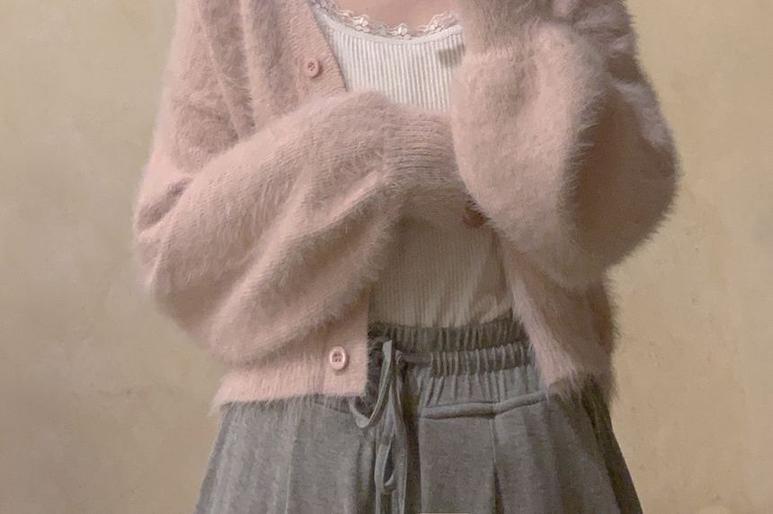 Fluffy Button-Front Solid Cardigan