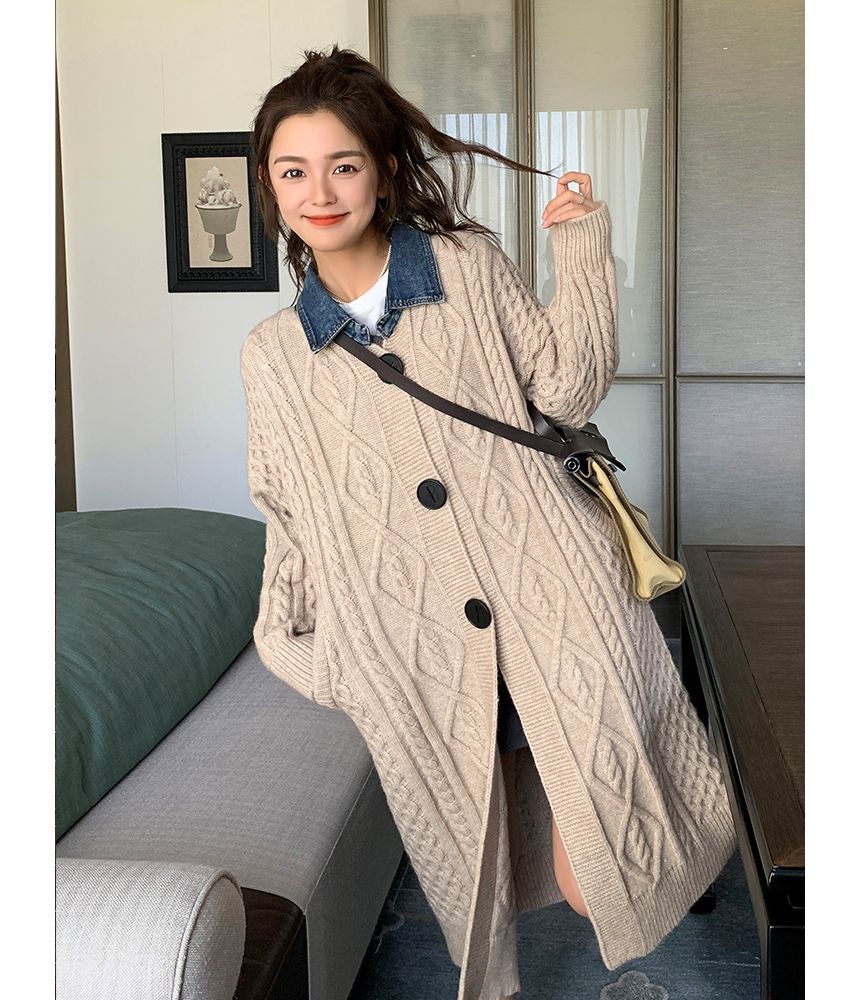 Denim-Collar Knit Jacket Cardigan
