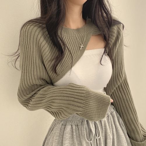 Asymmetrical Round Neck Knit Shrug