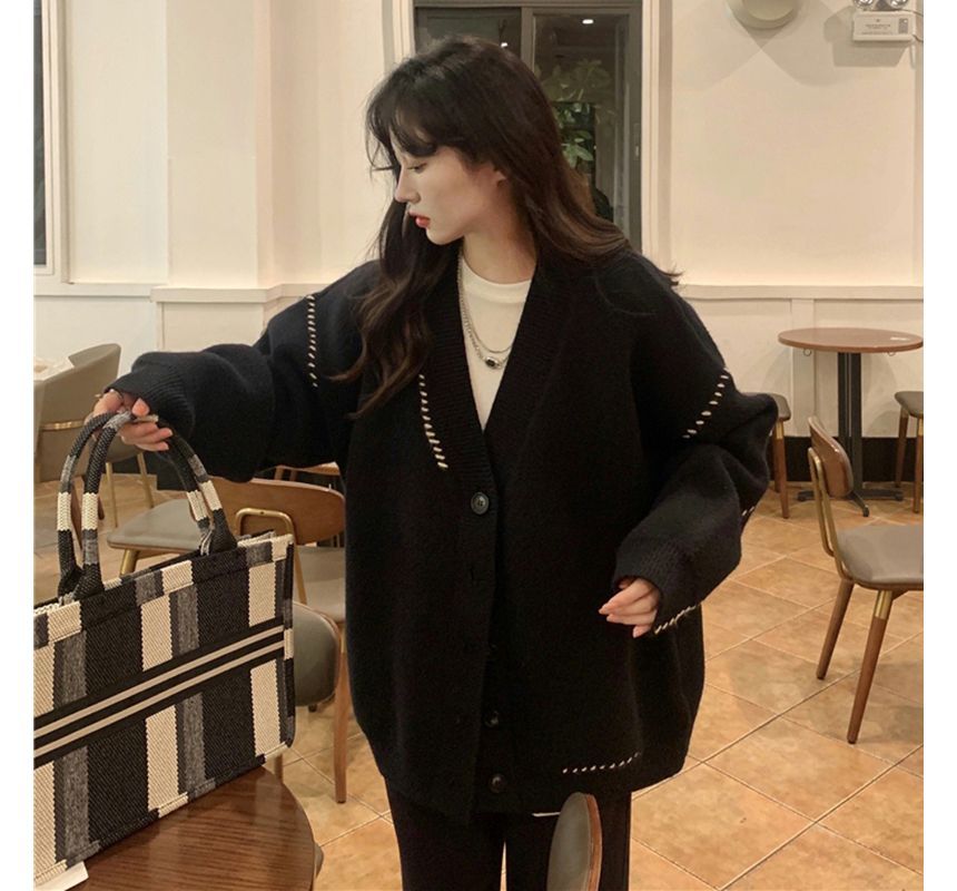 V-Neck Contrast Stitch Button-Front Cardigan