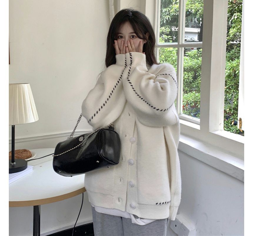 V-Neck Contrast Stitch Button-Front Cardigan