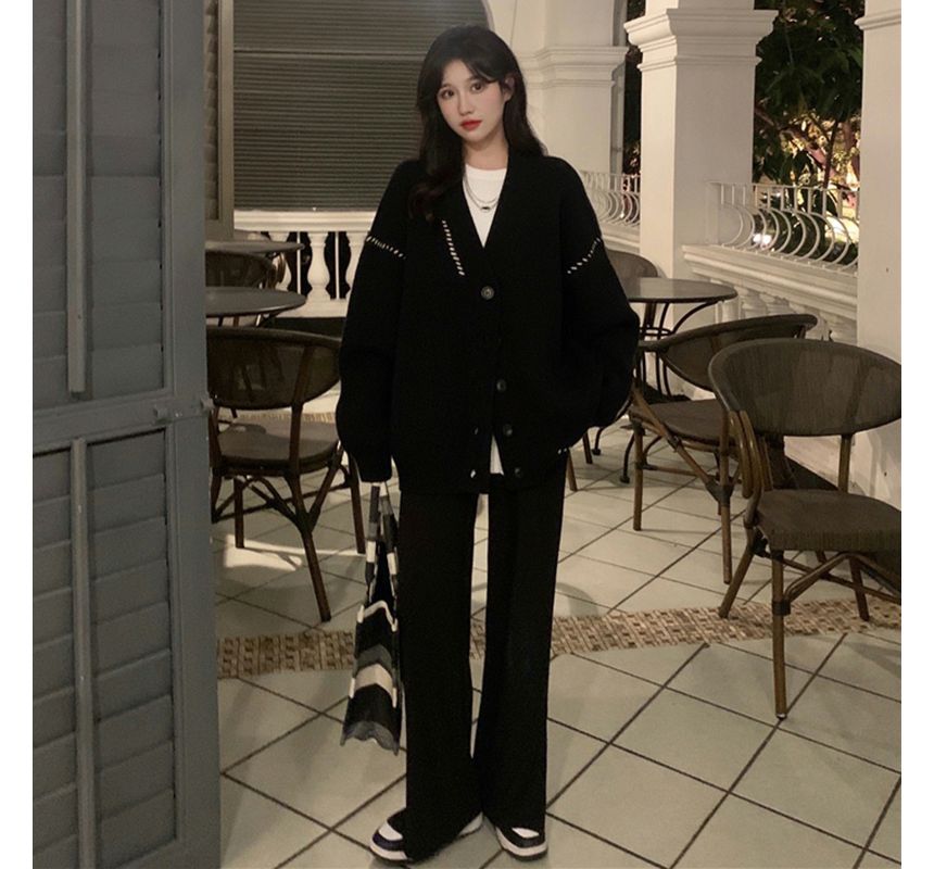 V-Neck Contrast Stitch Button-Front Cardigan