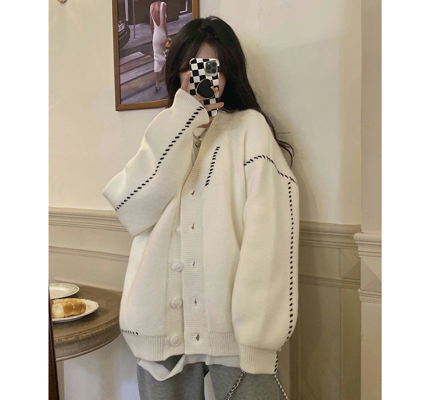 V-Neck Contrast Stitch Button-Front Cardigan