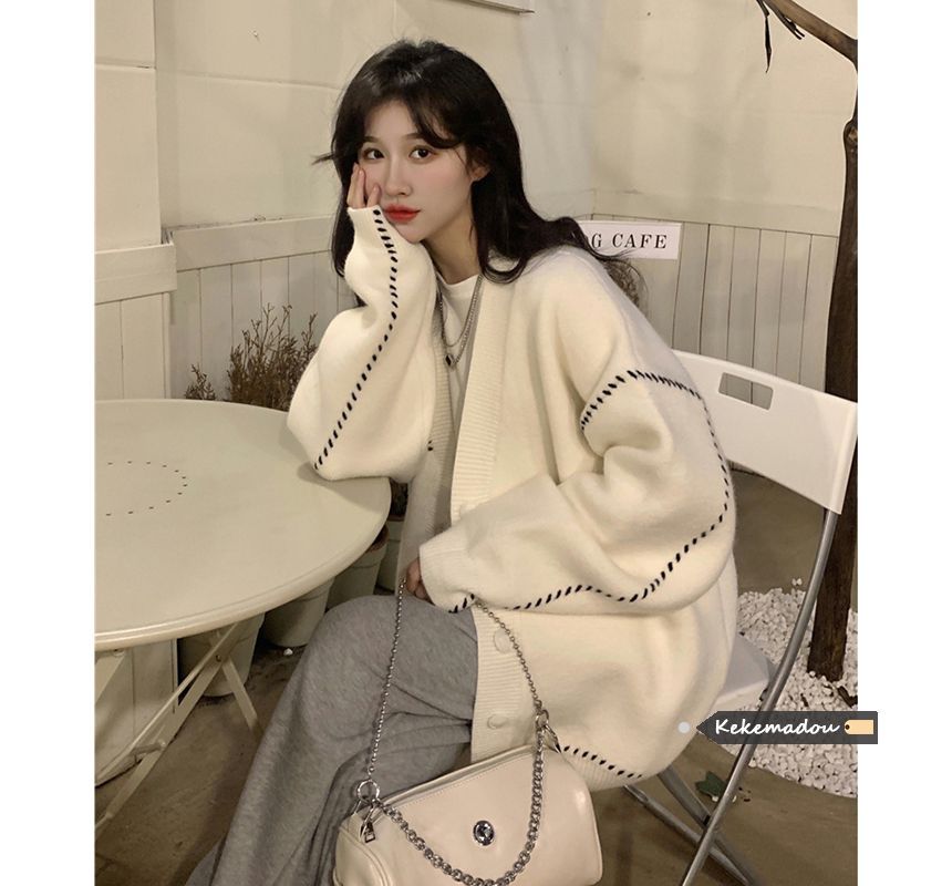 V-Neck Contrast Stitch Button-Front Cardigan