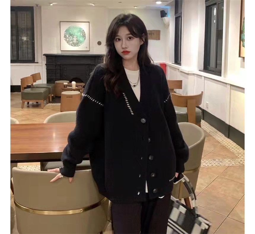 V-Neck Contrast Stitch Button-Up Knit
