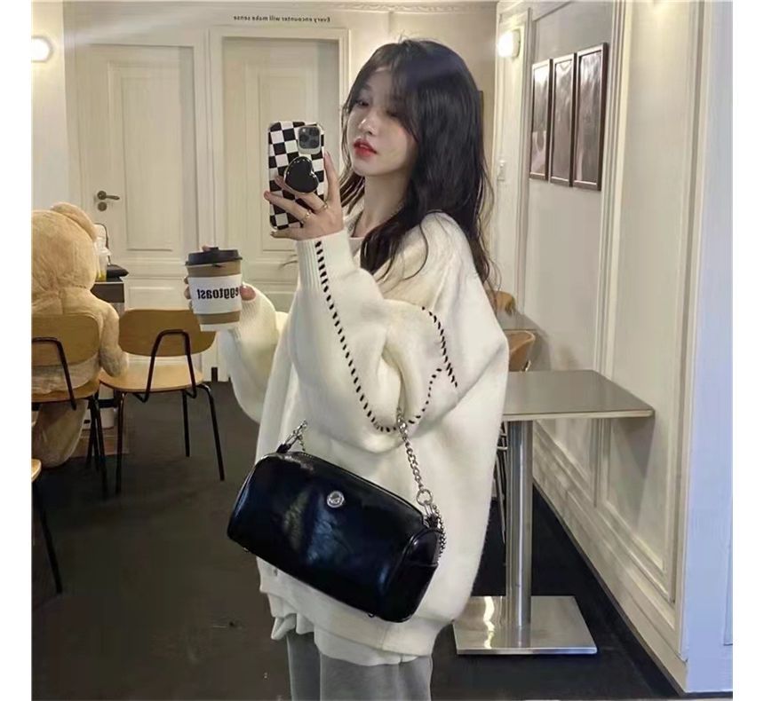 V-Neck Contrast Stitch Button-Up Knit