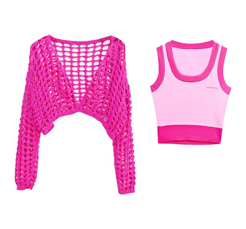 Contrast Trim Crop Tank and Cutout Cardigan