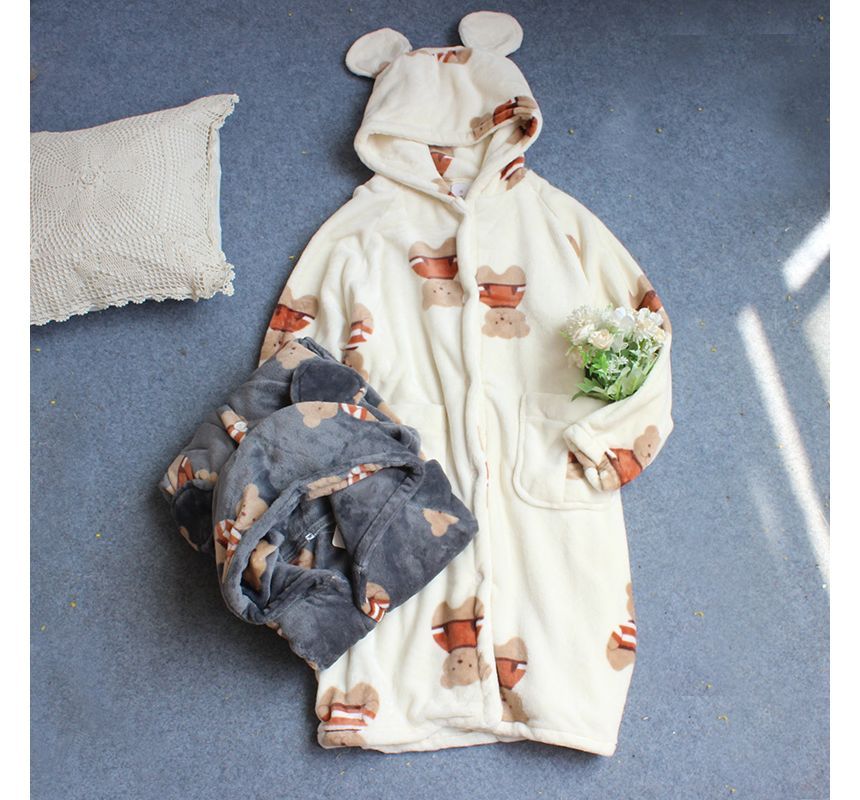 Couple Matching Long-Sleeve Bear Print Hooded Pajama Robe