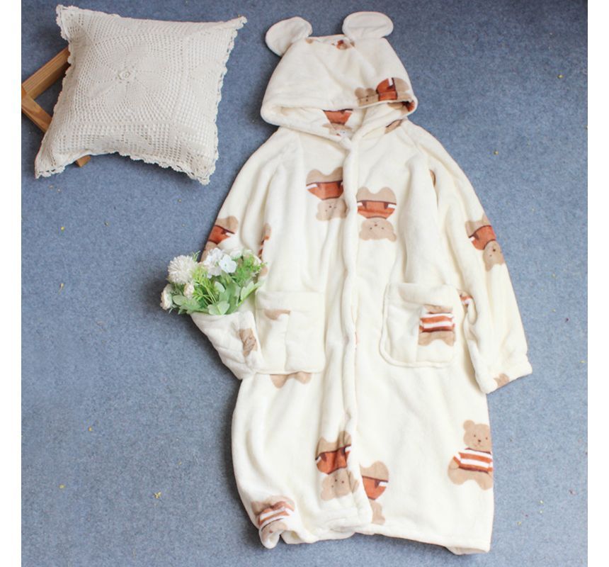 Couple Matching Long-Sleeve Bear Print Hooded Pajama Robe