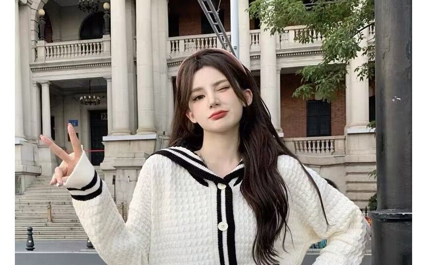 Sailor Collar Button-Up Knit Top