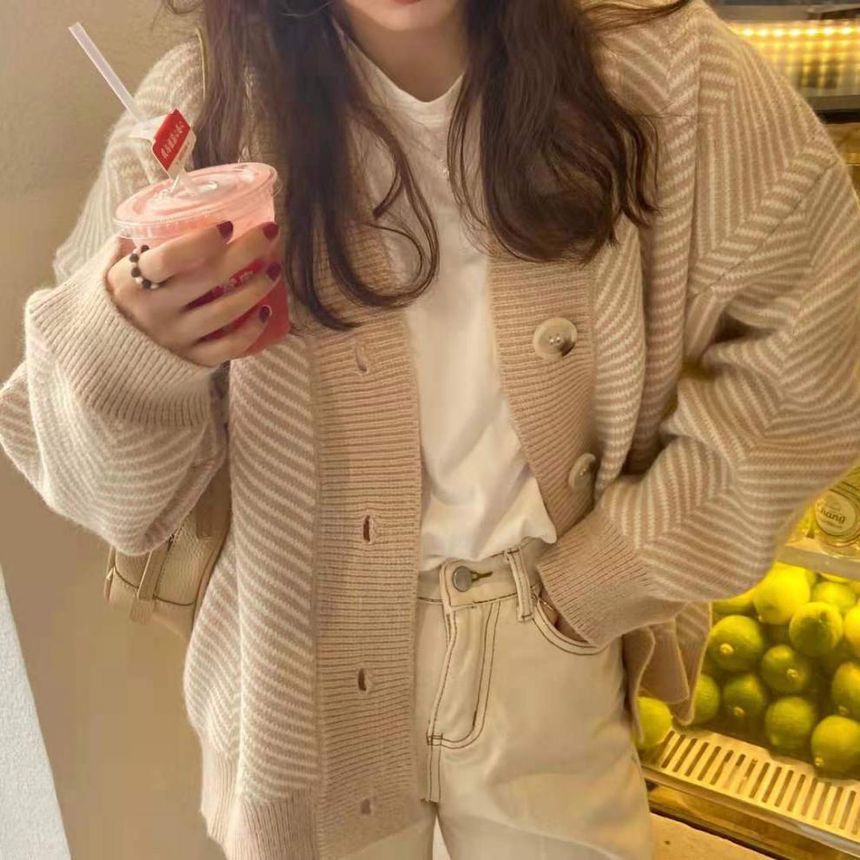 V-Neck Herringbone Contrast Trim Button-Up Sweater
