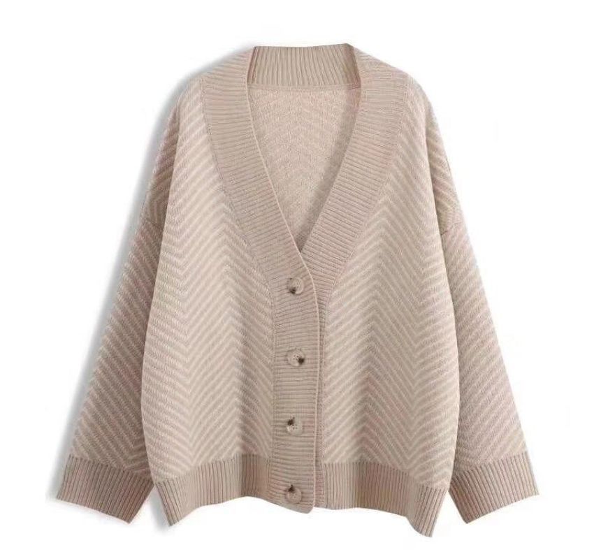 V-Neck Herringbone Contrast Trim Button-Up Sweater