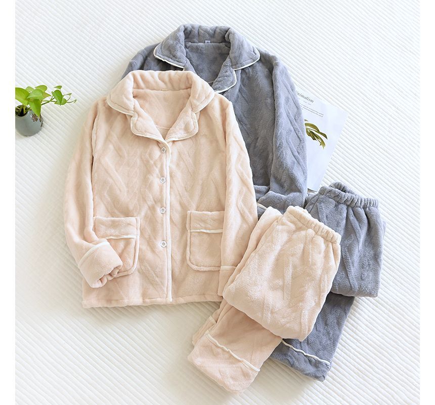 Couple Matching Pajama Set: Long-Sleeve Collared Plain Cable Knit Button-Up Flannel Top + Pants