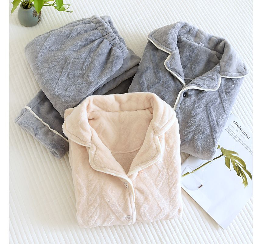 Couple Matching Pajama Set: Long-Sleeve Collared Plain Cable Knit Button-Up Flannel Top + Pants