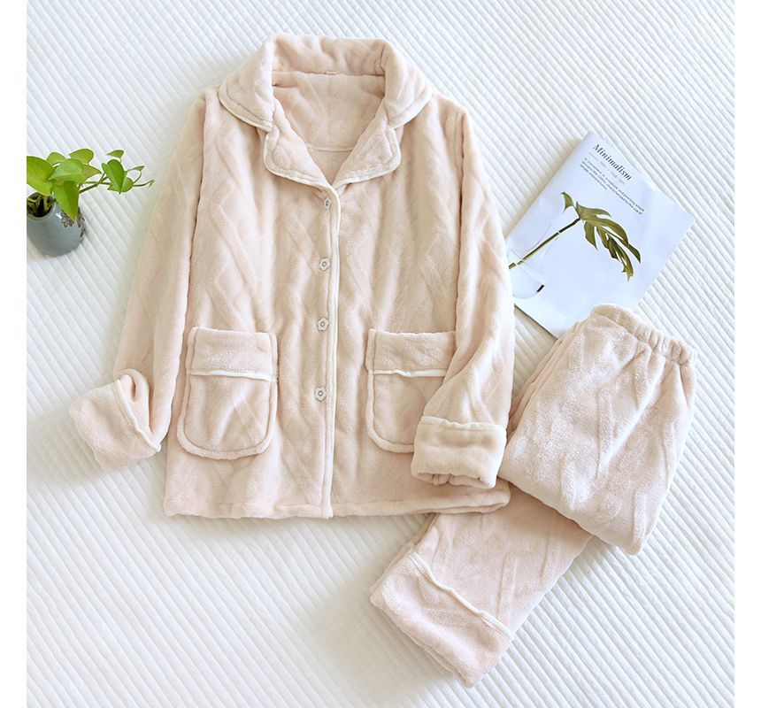 Couple Matching Pajama Set: Long-Sleeve Collared Plain Cable Knit Button-Up Flannel Top + Pants