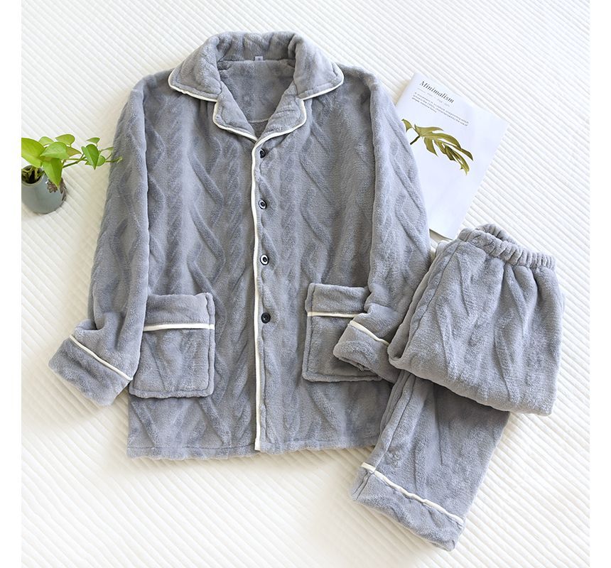 Couple Matching Pajama Set: Long-Sleeve Collared Plain Cable Knit Button-Up Flannel Top + Pants