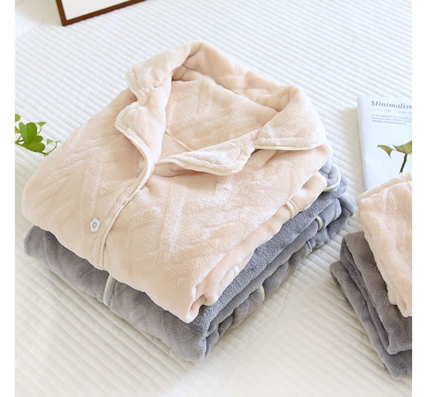 Couple Matching Pajama Set: Long-Sleeve Collared Plain Cable Knit Button-Up Flannel Top + Pants