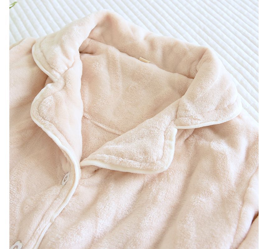 Couple Matching Pajama Set: Long-Sleeve Collared Plain Cable Knit Button-Up Flannel Top + Pants