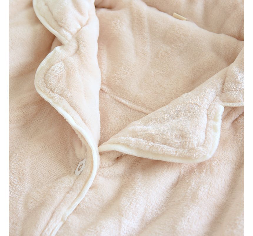 Couple Matching Pajama Set: Long-Sleeve Collared Plain Cable Knit Button-Up Flannel Top + Pants