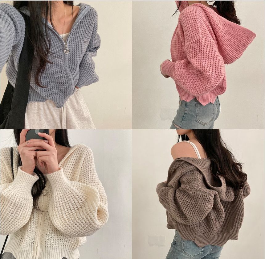 Solid Waffle Hooded Crop Knit