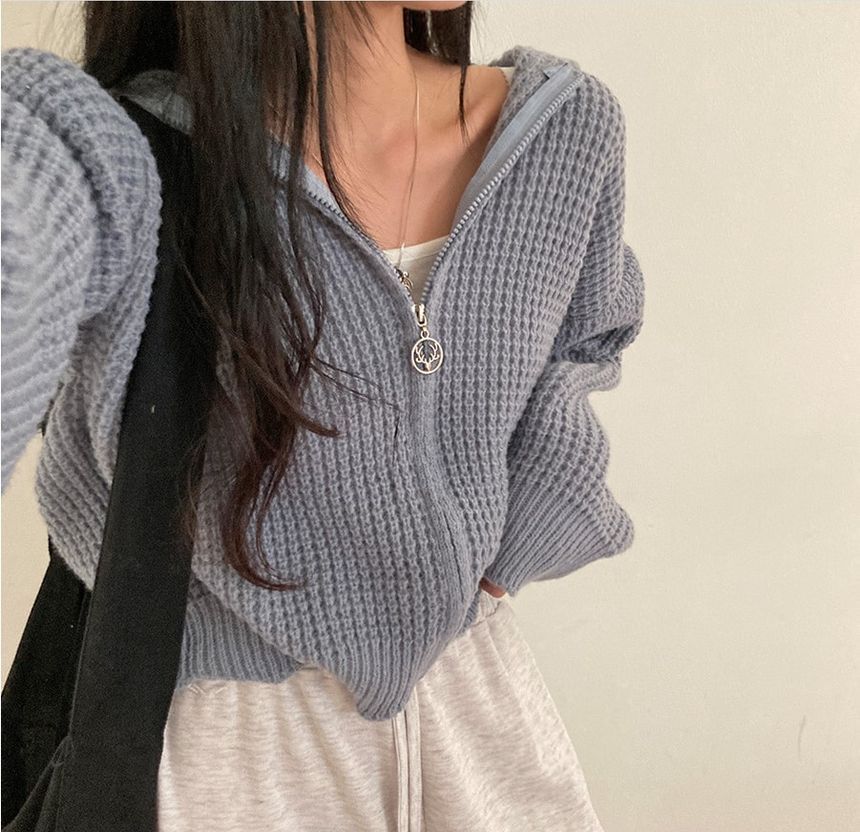 Solid Waffle Hooded Crop Knit