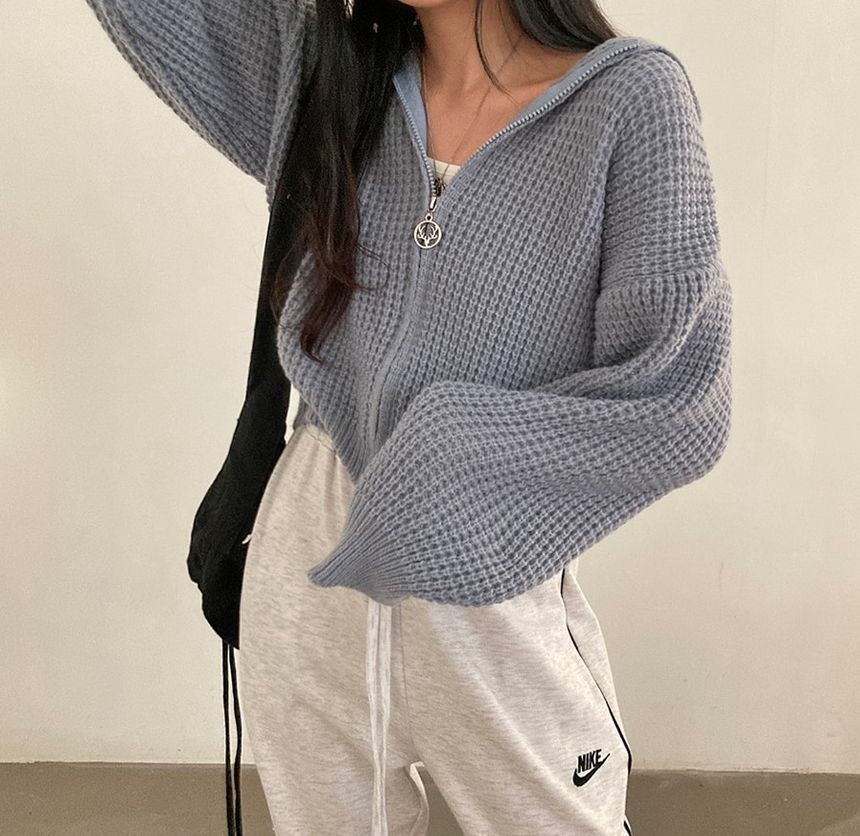 Solid Waffle Hooded Crop Knit