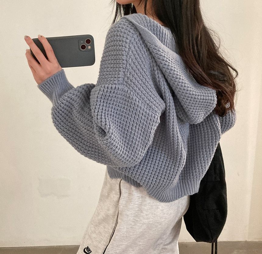 Solid Waffle Hooded Crop Knit