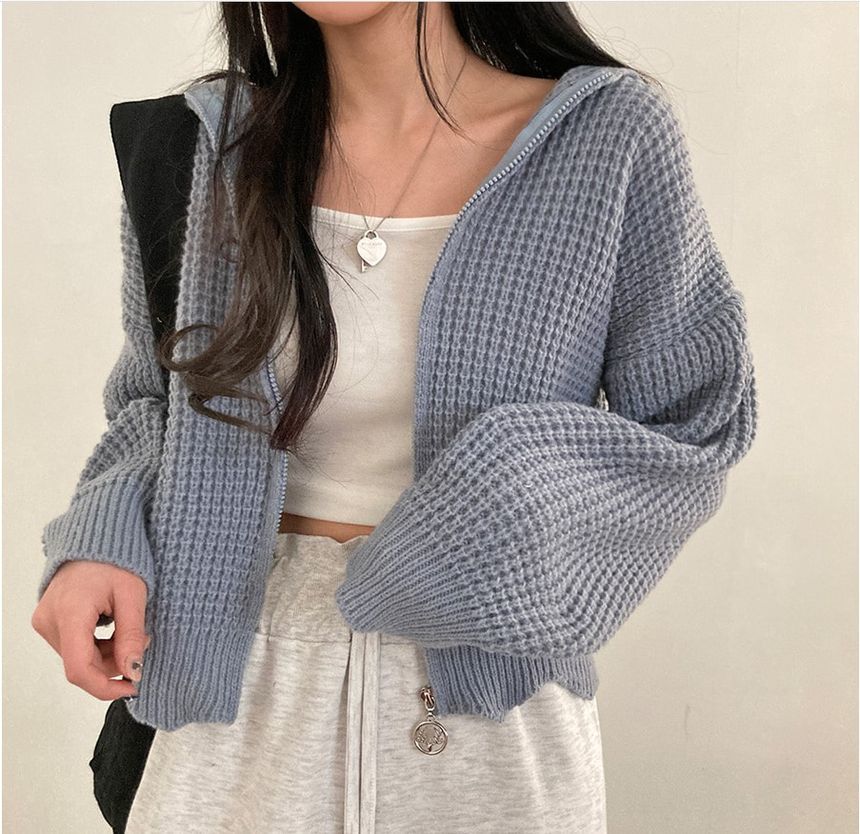 Solid Waffle Hooded Crop Knit
