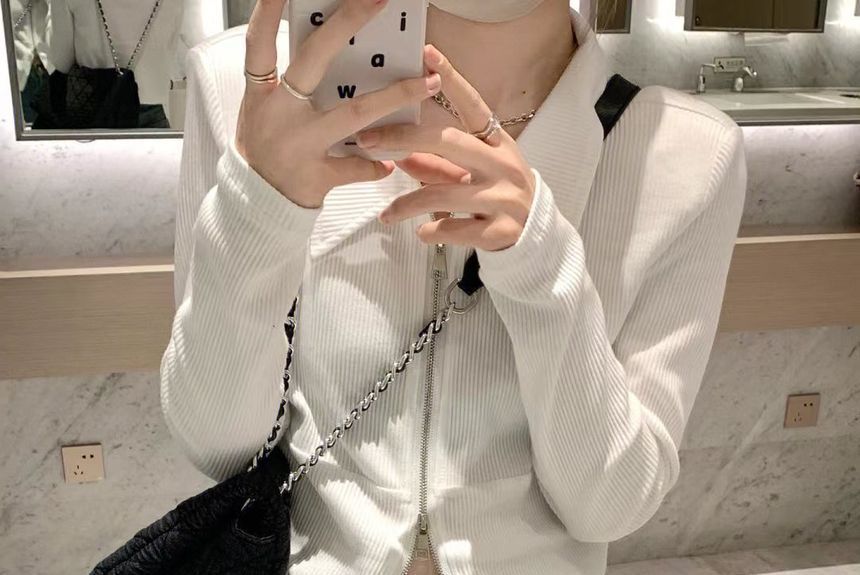 Long-Sleeve Lapel Zip-Up Solid Cardigan