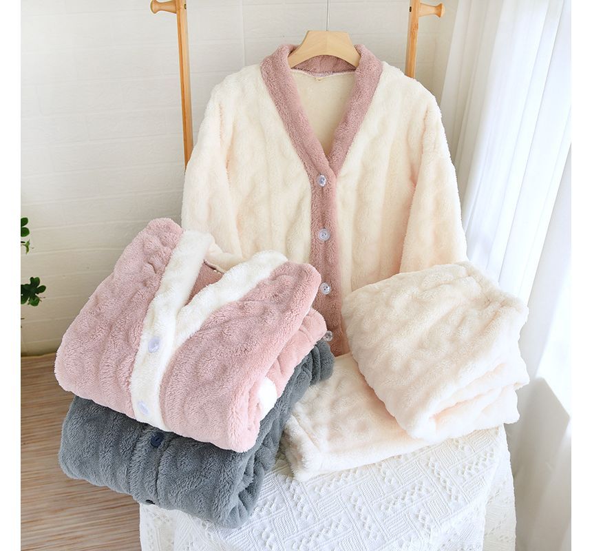 Couple Matching Pajama Set: Long-Sleeve Flannel Button Top + Pants